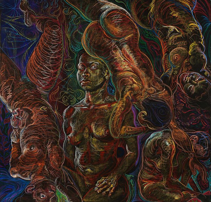 Figure drawings on black paper by Fred Hatt