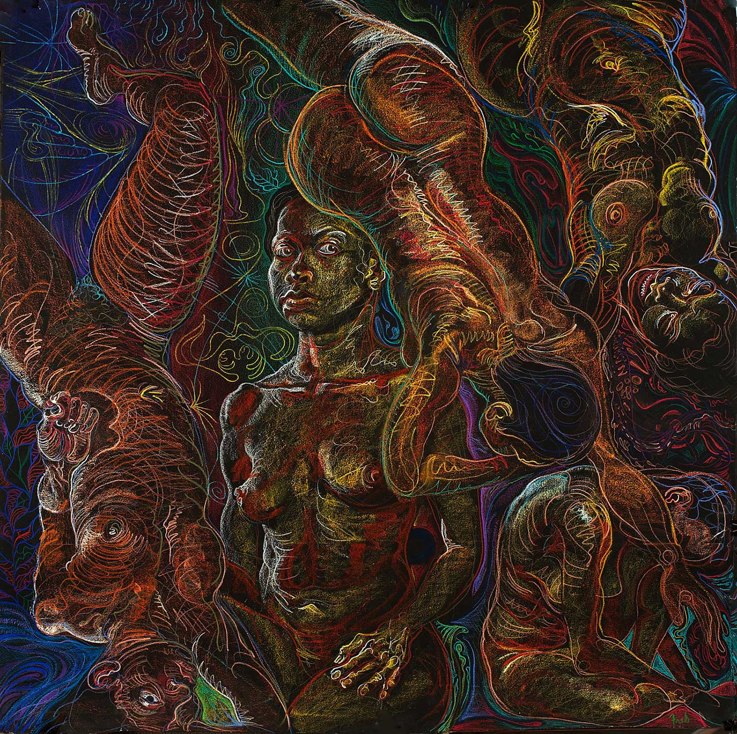 The human body. Figure drawings on black paper by Fred Hatt.