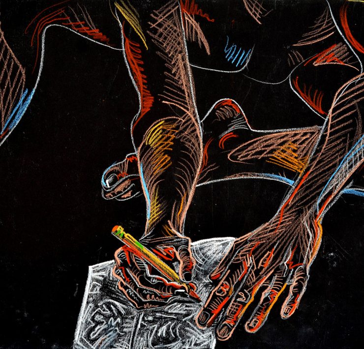 A figure drawing by Fred Hatt on black paper