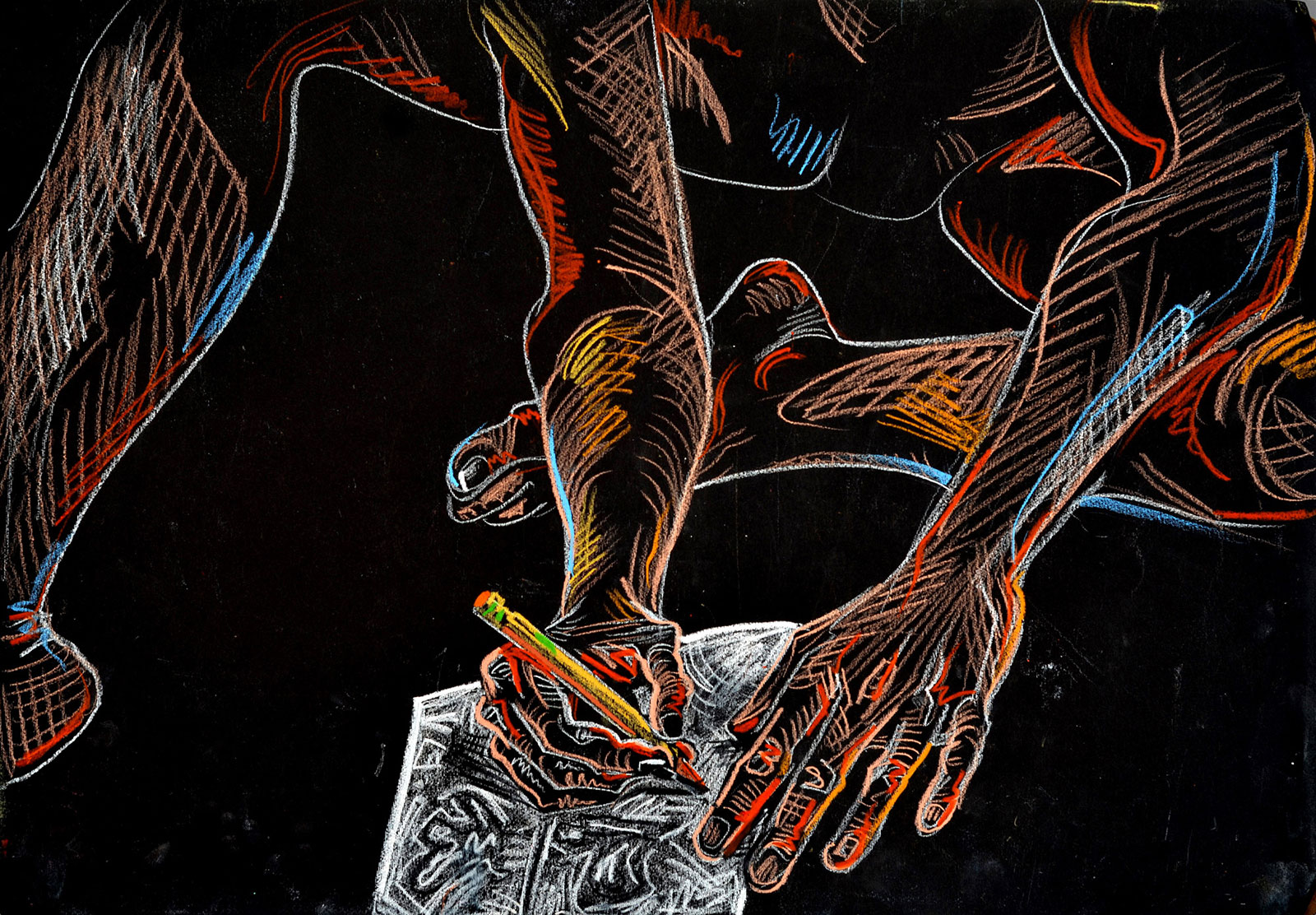 A figure drawing by Fred Hatt on black paper